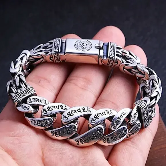 Stainless Steel Chain Link Bracelet, Mantra, Curb Hand Woven Engraved Byzantine